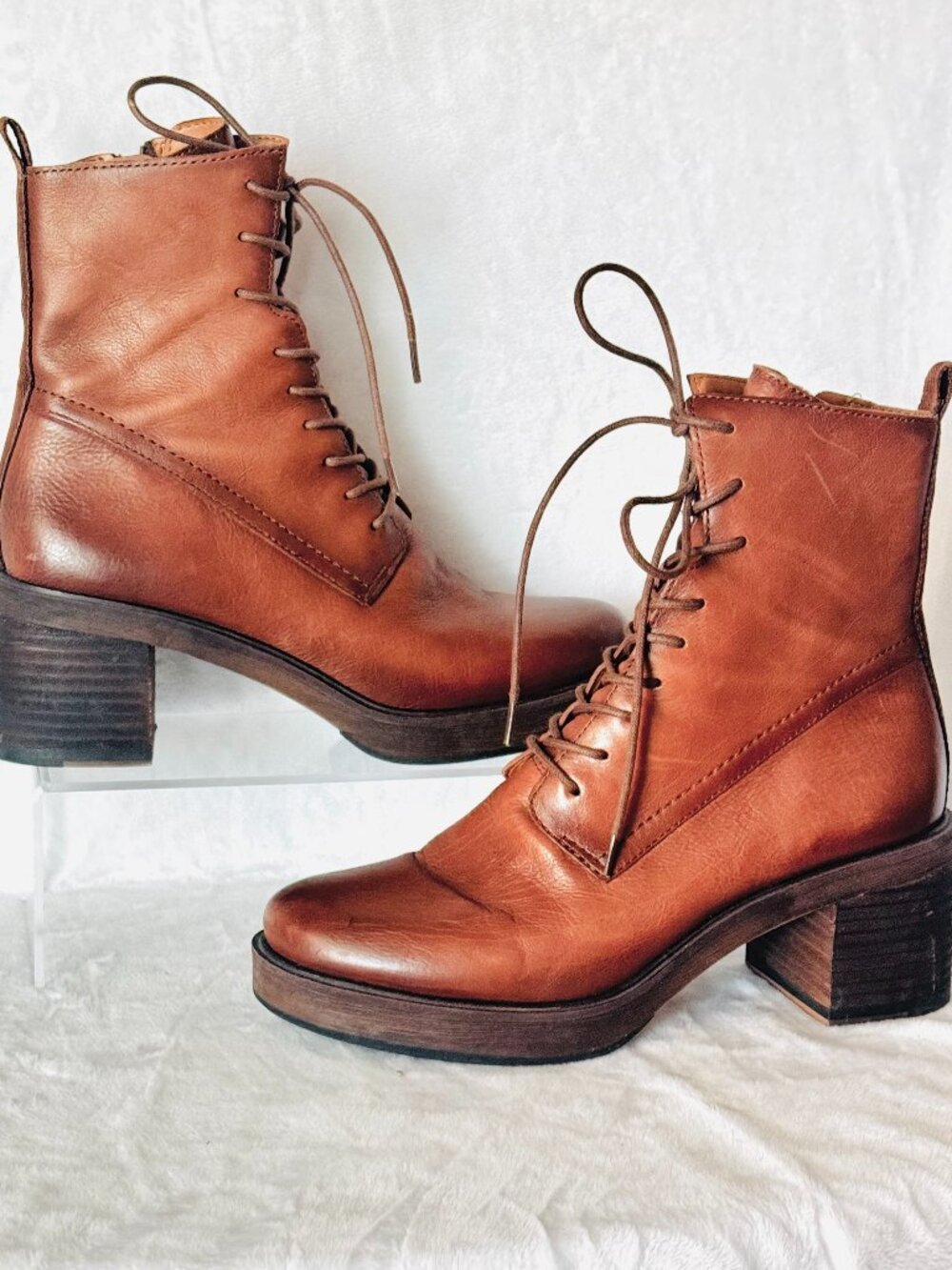 Franco Sarto A Patia 7.5 M Brown Leather Ankle Combat Boot Lace Up Heeled